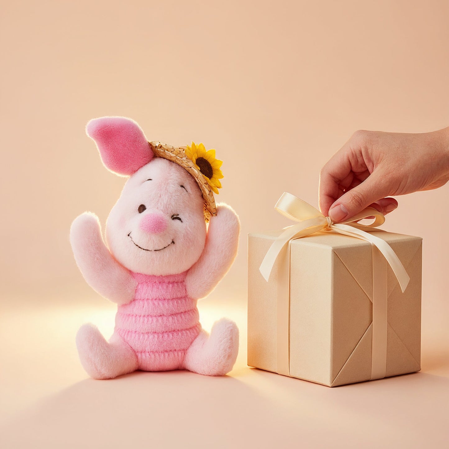 Piglet plush toy with straw hat